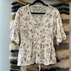 AMERICAN RAG Crinkle Peplum Peasant Tunic Blouse Short Sleeve Floral Printed L